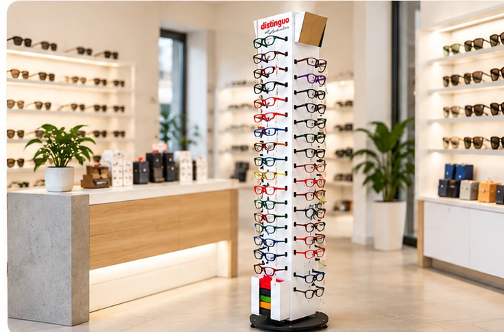 Espositore girevole Distinguo ESP22 con occhiali colorati in un'ambientazione di negozio